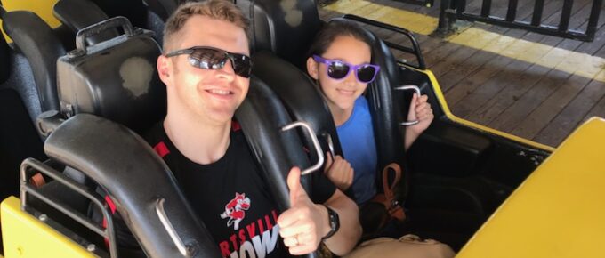 David and Crystal at Carowinds on a Roller Coaster